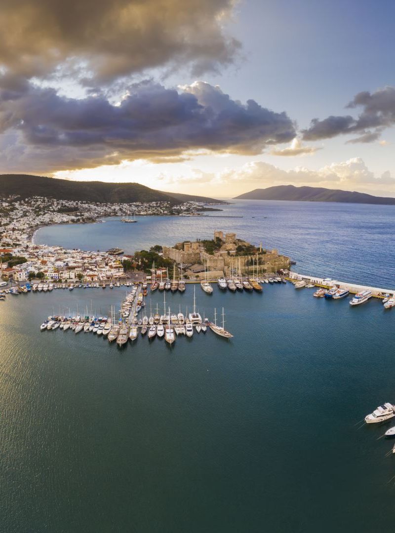 Aerial view of Bodrum at sunrise, Turkey. View of the Saint Peter Castle
