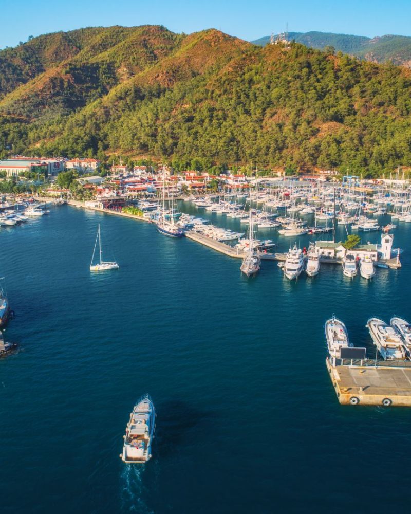 Aerial view of boats and yachts at sunset in Turkey