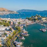 Bodrum's charming harbor filled with traditional Turkish boats known as gulets.