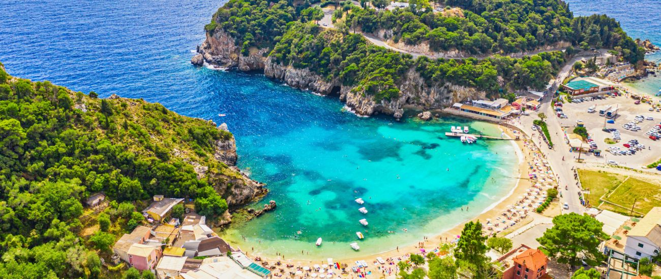 Aerial drone view of famous Paleokastritsa beach resort on Corfu island, Greece Aerial drone view of famous Paleokastritsa beach resort on Corfu island, Greece